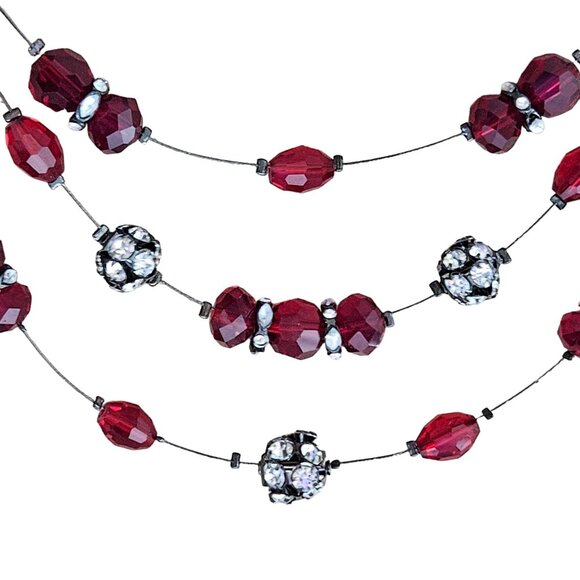 Elegant Red Beaded Rhinestone Balls Multi Strand Wire Statement Necklace Jewelry - Picture 2 of 4